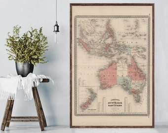 1870 Australia and East Indies map reprint, Vintage Australia map reprint - 5 large/XL sizes up to 54" x 36"- in three color choices