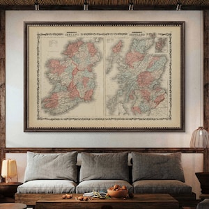 1862 Double Map of Ireland & Scotland reprint , Vintage Ireland/Scotland reprint- 5 L/XL sizes up to 54&quot; x 36&quot;- 3 color choices - unframed