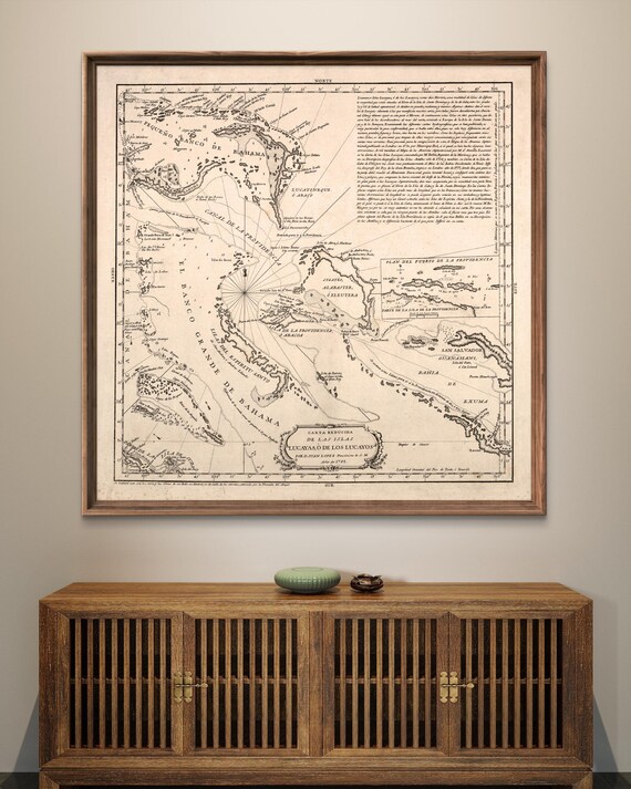 1782 Bahamas reprint, Vintage Bahamas/Caribbean map reprint - 4 large/XL sizes up to 36" x 36" and three color choices - unframed
