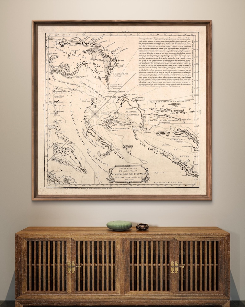 Puede incluir: Un mapa antiguo de las Bahamas, impreso en blanco y negro, con el t&iacute;tulo "Carta Rectificada De Las Islas Lucayos o de Los Lucayos" y la fecha "Santa Barbara De Las Indias, 1744".