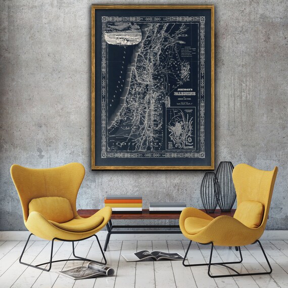1864 Map of Palestine reprint - Holy Land decor - 4 sizes up to 48"x36"- monochrome sandy beige or blue - sold unframed only - see listing