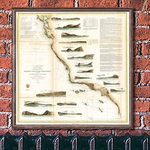 1853 California map reprint ,vintage west coast nautical chart reprint  -  3 large/XL sizes up to 30&quot; x 30&quot;