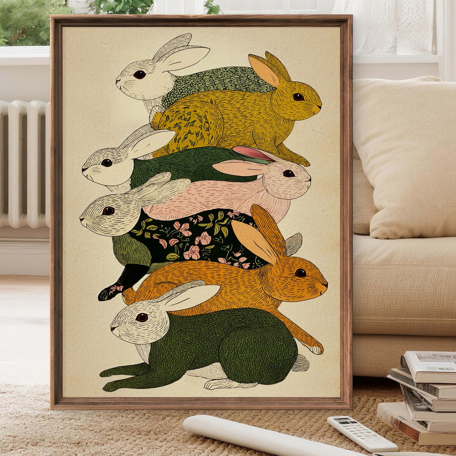 Colorful Mid-century Rabbits Art Print – Whimsical Floral Rabbits ...