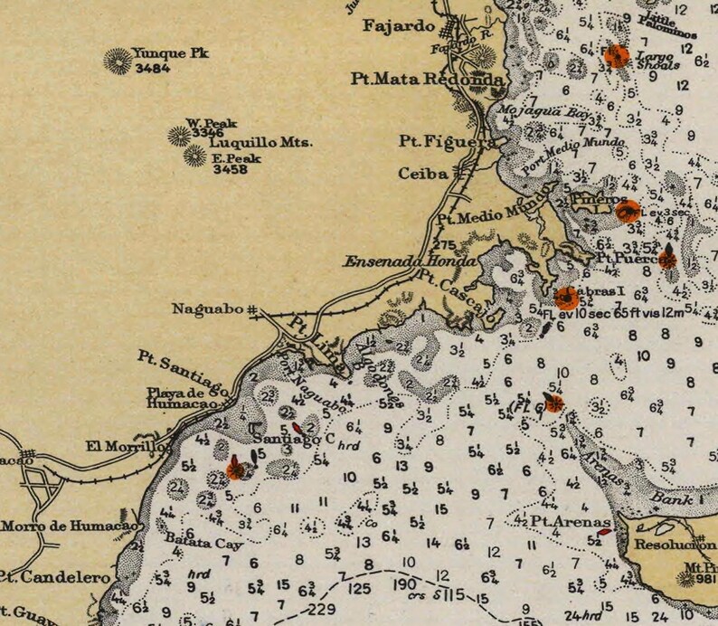 May include: A vintage nautical chart of the coast of Puerto Rico, showing depths, shoals, and landmarks. The chart includes the names of locations like "Pt. Santiago", "Pt. Figuera", and "Pt. Mata Redonda".