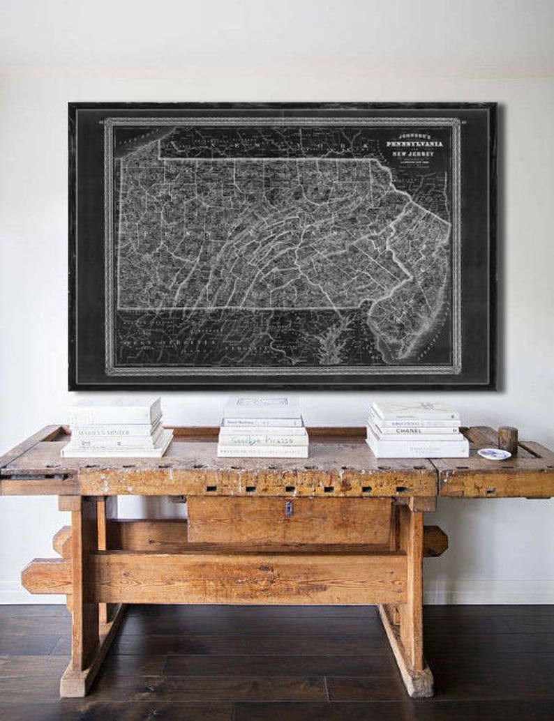 1870 Johnson's Pennsylvania and New Jersey, Vintage map reprint 5 large/XL sizes up to 54 x 36 in 3 color choices inverted black