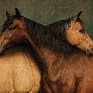 May include: A vintage-style painting depicts two horses, their heads and necks touching. The horses have brown coats and dark manes, set against a muted green background. The artwork evokes a sense of connection and tranquility.