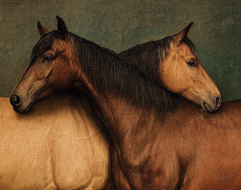 May include: A vintage-style painting depicts two horses, their heads and necks touching. The horses have brown coats and dark manes, set against a muted green background. The artwork evokes a sense of connection and tranquility.