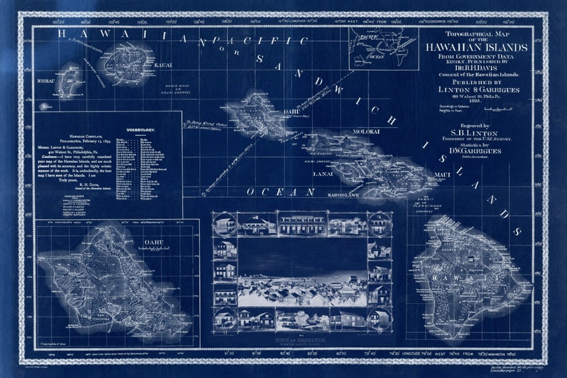 1893 Hawaii Islands map, Vintage Hawaiian map reprint 5 sizes up to 54x36 and 2 color choices image 4