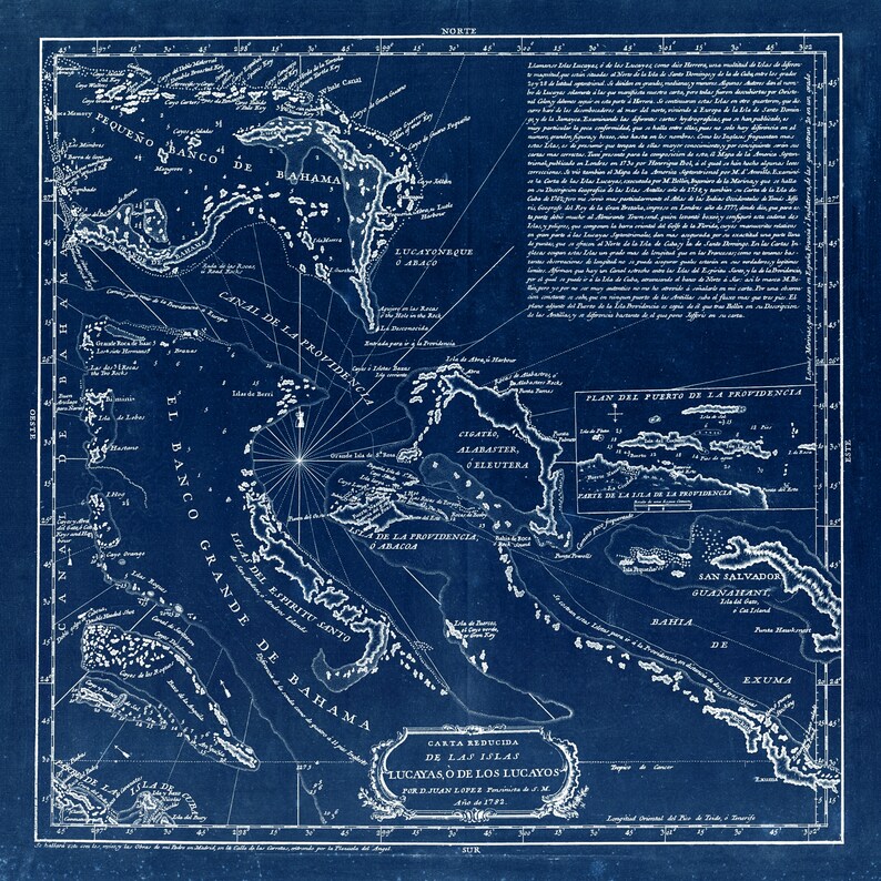 Puede incluir: Un mapa vintage azul y blanco de las Islas Lucayan, tambi&eacute;n conocidas como las Bahamas, de 1773. El mapa muestra las islas y las aguas circundantes, con texto en espa&ntilde;ol. El mapa est&aacute; titulado "Carta Reducida de las Islas Lucayas, o de los Lucayos por D. Juan Lopez de los Lucayos A&ntilde;o de 1773."