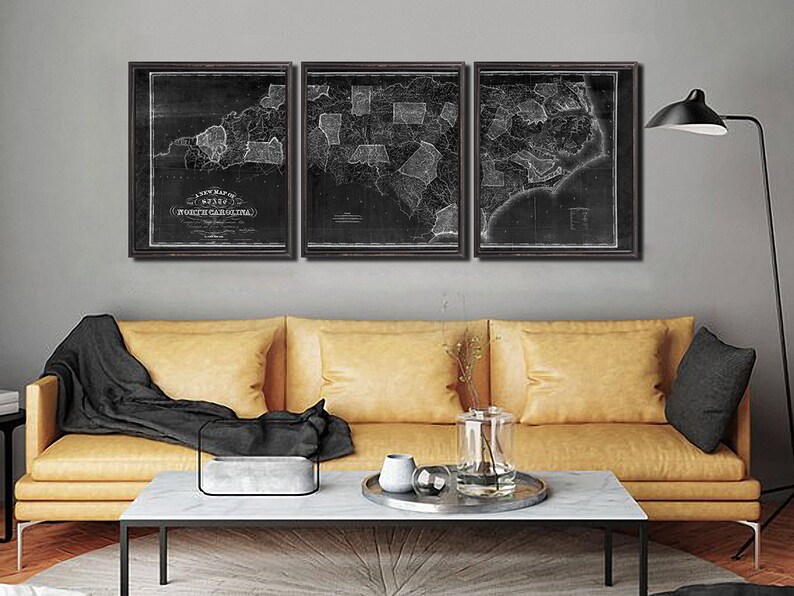1833 North Carolina map reprint , Tar Heel map gift, 3 sizes (printed in 3 pieces) up to 90x36" & 3 color choices - sold UNFRAMED inverted black