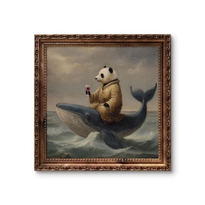 May include: A framed painting depicts a panda in a yellow coat, holding a glass of red wine, riding a blue whale in a stormy sea. The artwork has a vintage aesthetic, with a detailed, ornate brown frame.