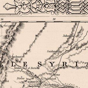 May include: A vintage map of Syria with the names of cities and towns labeled in black text. The map shows the location of the Barada River and the Bahr el Merj. or Bahr el Heidjani.