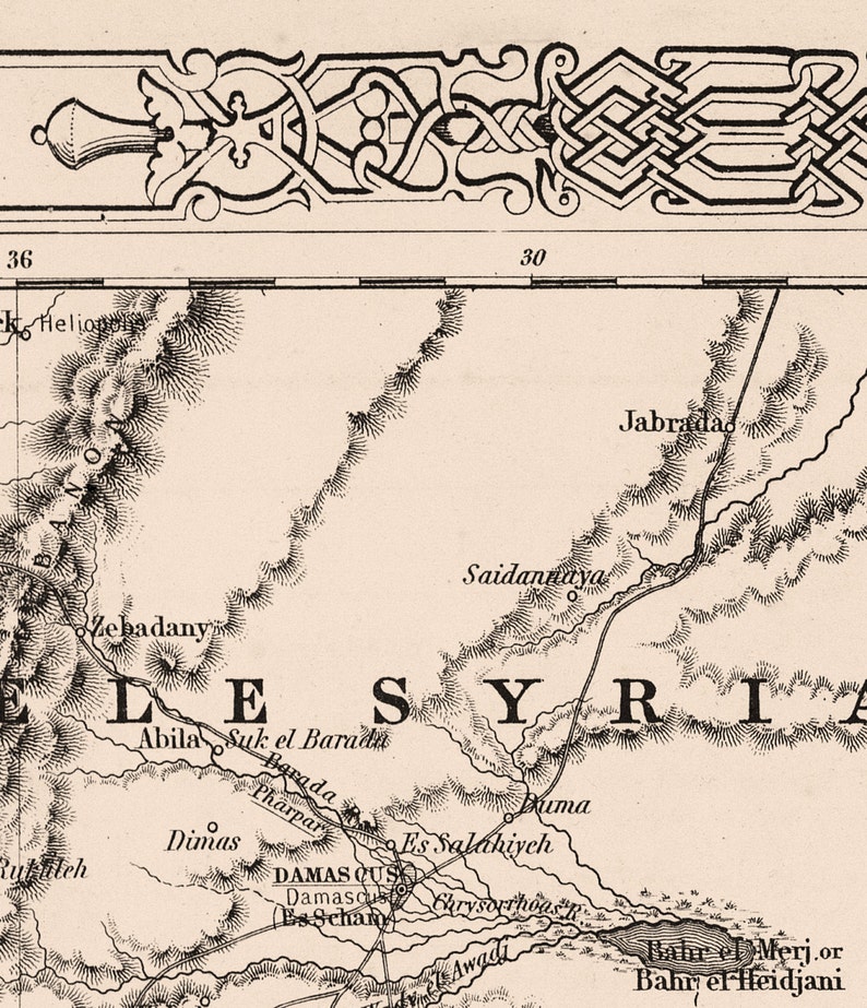May include: A vintage map of Syria with the names of cities and towns labeled in black text. The map shows the location of the Barada River and the Bahr el Merj. or Bahr el Heidjani.