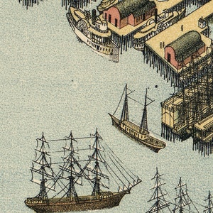 May include: A vintage illustration of a harbor scene with three ships docked at a pier. The ships are a large sailing ship with multiple masts, a smaller sailing ship with two masts, and a steamboat with a paddle wheel. The pier is made of wood and has a building on it.