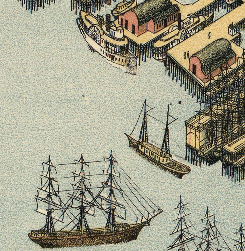 May include: A vintage illustration of a harbor scene with three ships docked at a pier. The ships are a large sailing ship with multiple masts, a smaller sailing ship with two masts, and a steamboat with a paddle wheel. The pier is made of wood and has a building on it.