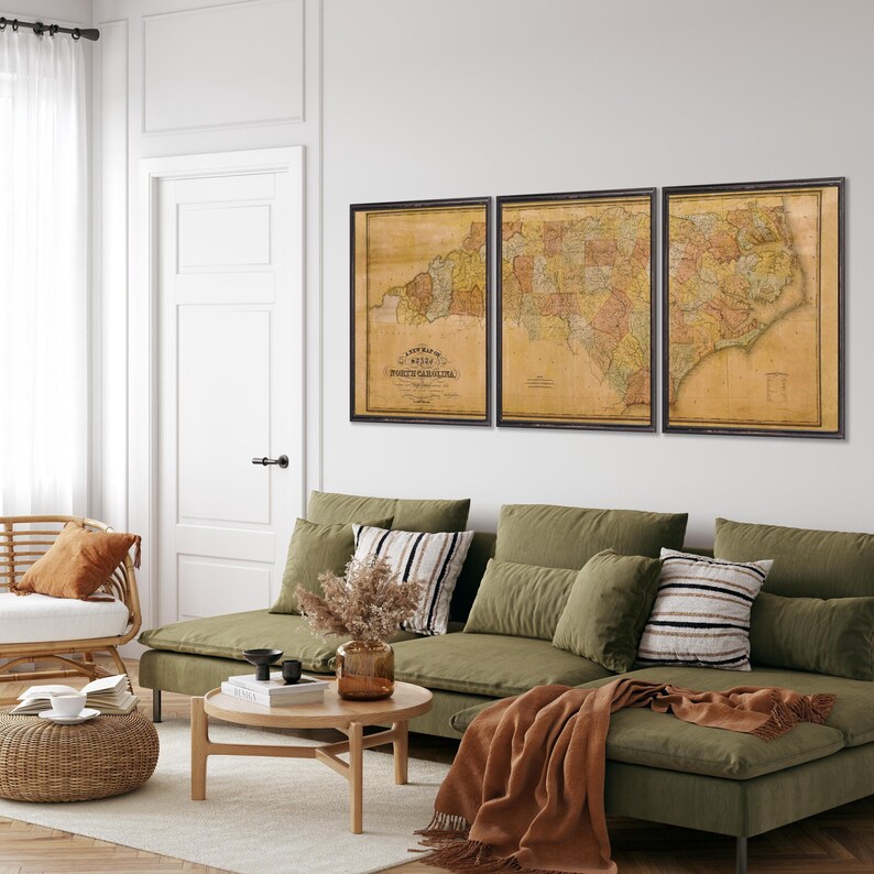 1833 North Carolina map reprint , Tar Heel map gift, 3 sizes (printed in 3 pieces) up to 90x36" & 3 color choices - sold UNFRAMED vintage aged