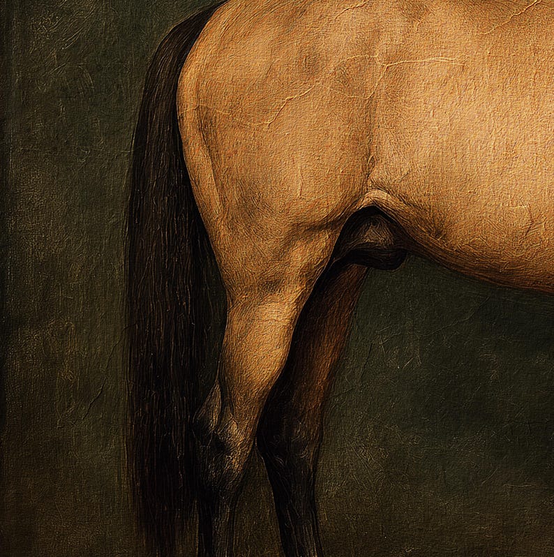 May include: A detailed painting of a horse's hindquarters and tail. The horse's coat is a light brown color, with darker brown legs and a long, flowing black tail. The background is a dark green color.