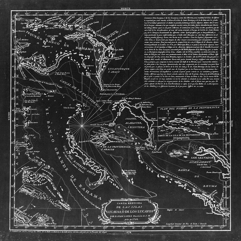 Puede incluir: Un mapa en blanco y negro del archipi&eacute;lago Lucayan, tambi&eacute;n conocido como las Bahamas, de 1773. El mapa muestra las islas del archipi&eacute;lago Lucayan, incluidas las islas de San Salvador, Guanahani y Exuma. El mapa tambi&eacute;n muestra la ubicaci&oacute;n de la ciudad de Providence, que se encuentra en la isla de Providence. El mapa est&aacute; titulado "Carta Reducida de las Islas Lucayas, o de los Lucayos" y est&aacute; fechado en 1773.