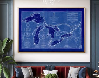 1916 Great Lakes nautical map/chart reprint - upper Midwest/NY State map decor - 3 color choices & 7 sizes up to 72"x48" - sold Unframed