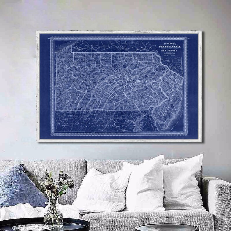 1870 Johnson's Pennsylvania and New Jersey, Vintage map reprint 5 large/XL sizes up to 54 x 36 in 3 color choices inverted blue