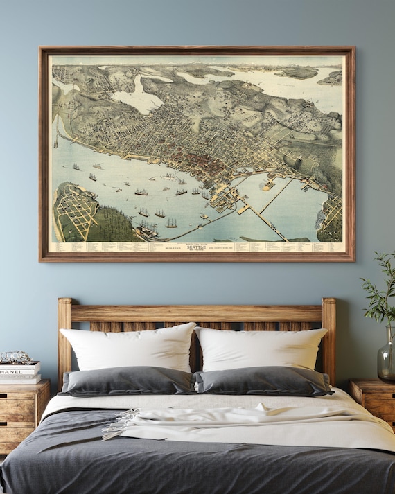 1891 Seattle panorama, Vintage Seattle map home decor reprint - 4 large sizes up to 54" x36" - sold UNFRAMED only - pls see full listing