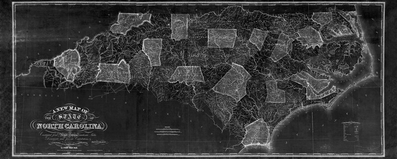 1833 North Carolina map reprint , Tar Heel map gift, 3 sizes (printed in 3 pieces) up to 90x36" & 3 color choices - sold UNFRAMED image 6
