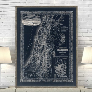 May include: A vintage map of Palestine, printed in white on a dark blue background. The map shows the major cities, towns, and geographical features of the region. The title of the map is "Johnson's Palestine" and the map is framed in a dark wood frame.