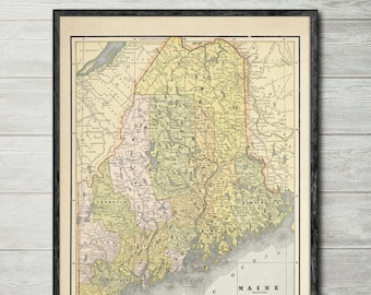 1887 Maine map reprint, vintage Maine State map reprint, 4 large sizes to 40x30" and 3 color choices - sold UNFRAMED