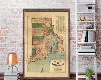 1880 Rhode Island map reprint, Vintage Rhode Island map reprint -  5 large/XL sizes up to 36" x 54" and 3 color choices