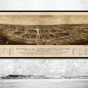 May include: A vintage sepia-toned panoramic view of the 1904 World's Fair in St. Louis, Missouri. The image shows a bird's-eye view of the fairgrounds, including numerous buildings, pavilions, and exhibits. The text "Panorama of the World's Fair, St. Louis, 1904" is visible at the bottom of the image.