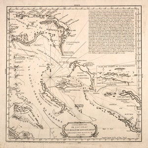 Puede incluir: Un mapa antiguo de las Islas Lucayan, tambi&eacute;n conocidas como las Bahamas, de 1773. El mapa muestra la geograf&iacute;a de las islas, incluyendo el "Banco Grande de Bahama" y "Lucayeneque o Araca." El mapa tambi&eacute;n incluye un plano detallado del "Puerto de la Profidencia" y una clave con varias ubicaciones.
