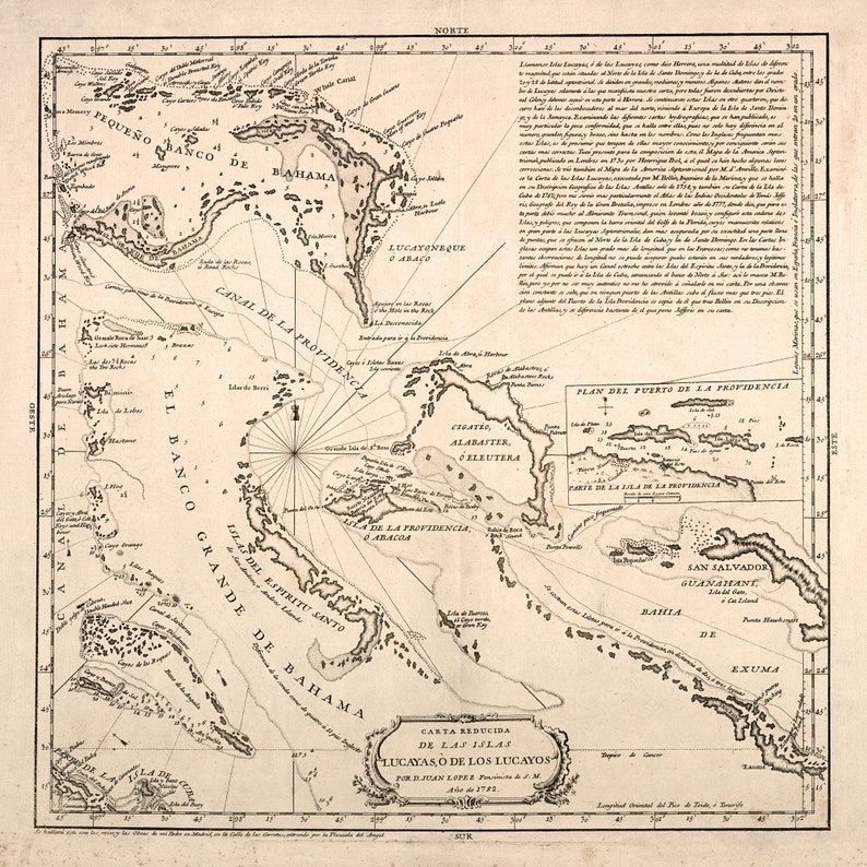 Puede incluir: Un mapa antiguo de las Islas Lucayan, tambi&eacute;n conocidas como las Bahamas, de 1773. El mapa muestra la geograf&iacute;a de las islas, incluyendo el "Banco Grande de Bahama" y "Lucayeneque o Araca." El mapa tambi&eacute;n incluye un plano detallado del "Puerto de la Profidencia" y una clave con varias ubicaciones.