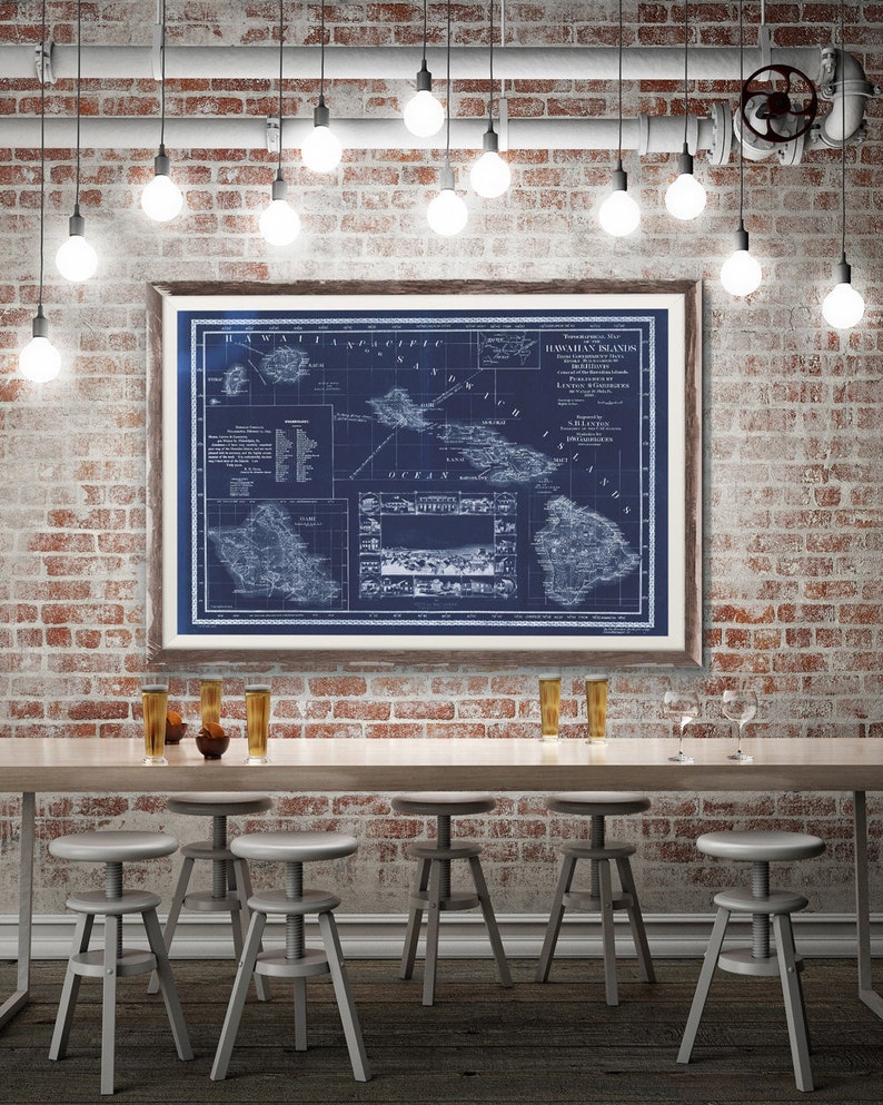 1893 Hawaii Islands map, Vintage Hawaiian map reprint 5 sizes up to 54x36 and 2 color choices inverted blue