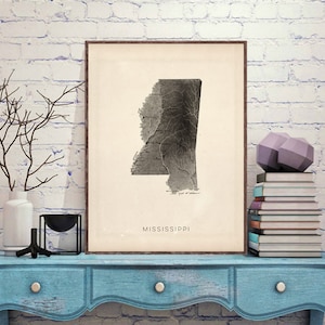Mississippi relief map reprint, Vintage Mississippi  map reprint - 6 large/XL sizes up to 40&quot;x30&quot; and three color schemes