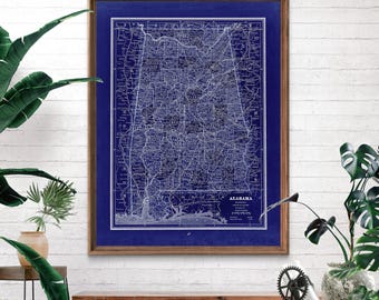 1887 Alabama map reprint, vintage Alabama map reprint, 4 large sizes to 40x30" and 3 color choices - sold UNFRAMED
