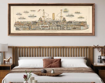 May include: A vintage illustration of a cutaway view of a battleship, showing the internal workings and crew. The image is framed in a brown wood frame and has a cream background.