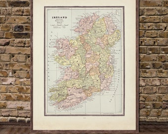 1887 Ireland map reprint, vintage Ireland map reprint, 4 large sizes to 30x40" and 3 color choices - sold UNFRAMED