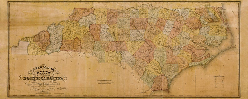 1833 North Carolina map reprint , Tar Heel map gift, 3 sizes (printed in 3 pieces) up to 90x36" & 3 color choices - sold UNFRAMED image 5