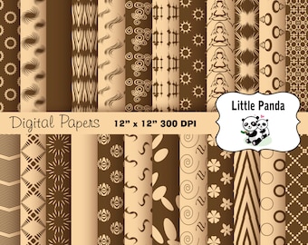 May include: A set of 12 digital papers featuring brown and beige geometric patterns. The papers are 12 inches by 12 inches and 300 DPI. The text "Little Panda" is in a white oval with a pink heart. The text "Digital Papers" and "12" x "12" 300 DPI" is in black.