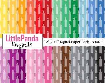 May include: A digital paper pack with 12 different patterns featuring white candle silhouettes on various colored backgrounds. The colors include yellow, orange, red, green, blue, purple, pink, brown, gray, and black. The pack is 12 inches by 12 inches and 300 DPI.