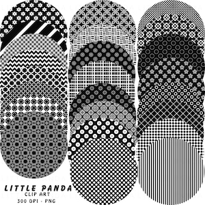 May include: A set of 12 black and white digital paper circles with various geometric patterns. The circles are arranged in three rows of four. The text "LITTLE PANDA CLIP ART 300 DPI - PNG" is at the bottom of the image.