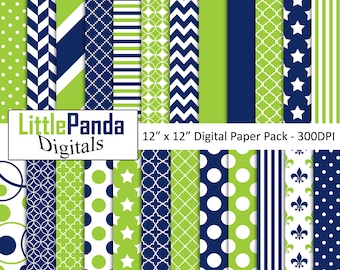 May include: A digital paper pack with 12 different patterns in green, white, and navy blue. The patterns include polka dots, stars, stripes, chevron, and geometric designs. The pack is 12" x 12" and 300 DPI.