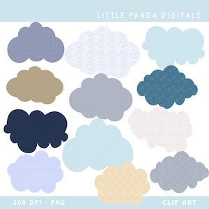 May include: A set of 10 cloud-shaped digital clipart images in various colors, including blue, gray, beige, and white. The clouds have different textures and patterns. The text "LITTLE PANDADIGITALS" and "CLIP ART" are visible at the top and bottom of the image.