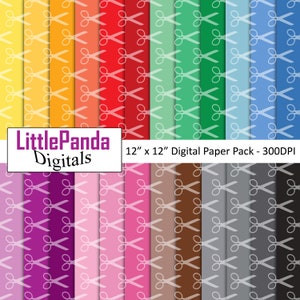 Papel digital tijeras, papel de álbum de recortes peluquería, primer papel digital corte de pelo, patrón de tijeras, colores del arco iris, uso comercial D672