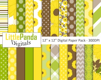 Sunflower digital paper, floral papers, polka dots, stripes, plaid, commercial use, sunflower scrapbook papers D506