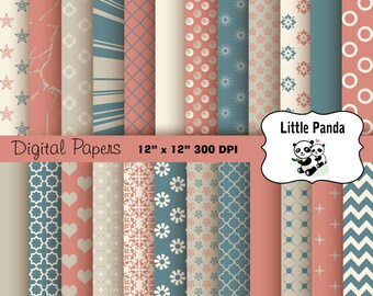 May include: A set of 12 digital papers featuring various patterns in shades of pink, blue, and white. The papers are 12 inches by 12 inches and 300 DPI. The text "Digital Papers" and "12" x 12" 300 DPI" is at the top of the image. The text "Little Panda" is at the bottom of the image.