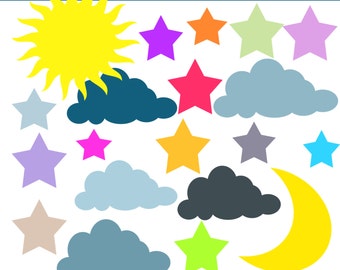 May include: A set of 14 colorful clip art images featuring a yellow sun, a yellow crescent moon, gray clouds, and various colored stars. The text "LITTLE PANDA DIGITALS" and "CLIP ART" are also included in the image.