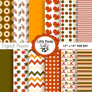 May include: A set of 12 digital papers featuring various Thanksgiving-themed patterns. The patterns include orange and white polka dots, orange and white stripes, orange and white chevron, orange and white leaves, orange and white corn, orange and white turkeys, and orange and white pilgrim hats. The papers are 30.5 cm by 30.5 cm and 300 DPI.