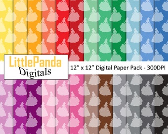 May include: A digital paper pack with 12 different patterns featuring a white silhouette of a princess in a gown on a variety of colored backgrounds. The paper pack is 12 inches by 12 inches and 300 DPI. The text "LittlePanda Digitals" is in the bottom left corner of the image.