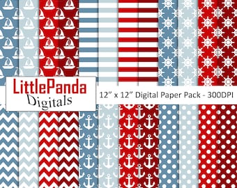 Nautical digital paper anchor background boat scrapbook paper polka dots chevron ship's wheel pattern paper crafts commercial use D626